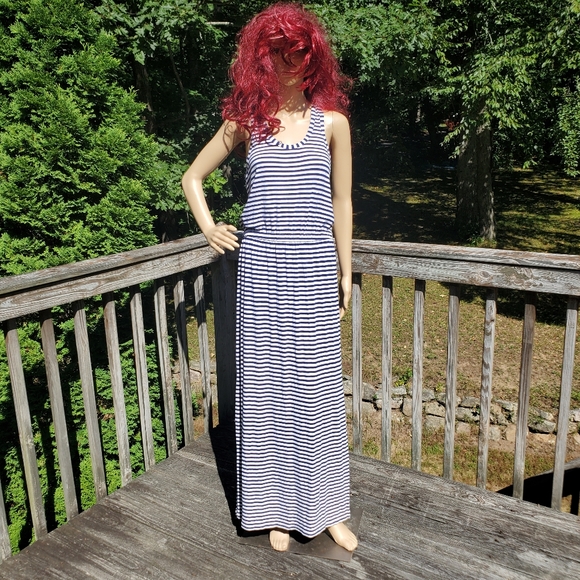 J. Crew Blue & White Stripe Racer T-back Scoop Round Neck Maxi Dress Size M - Picture 8 of 11